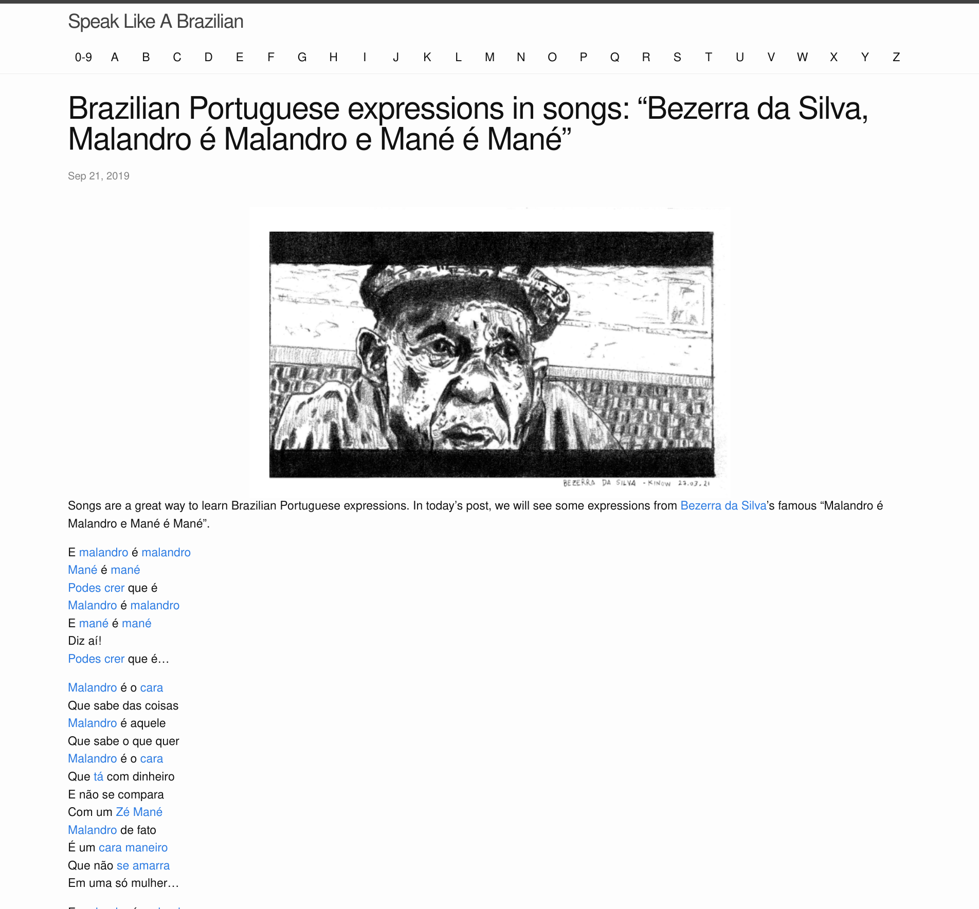 Drawing of Bezerra da Silva in Speak Like A Brazilian screenshot